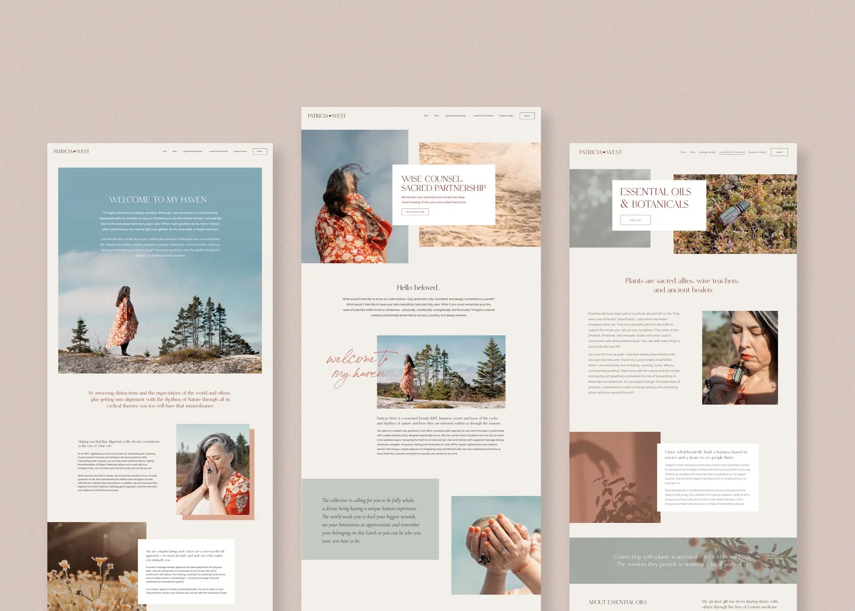 Three website pages with nature-themed images and text related to spiritual or holistic practices, featuring a woman outdoors, plants, and essential oils.