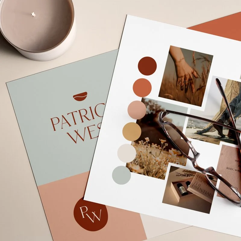 A color palette and branding materials for Patrician West, including a printed color palette with earthy tones, a brochure with images of nature and people, a pair of glasses, and a candle in a white holder.
