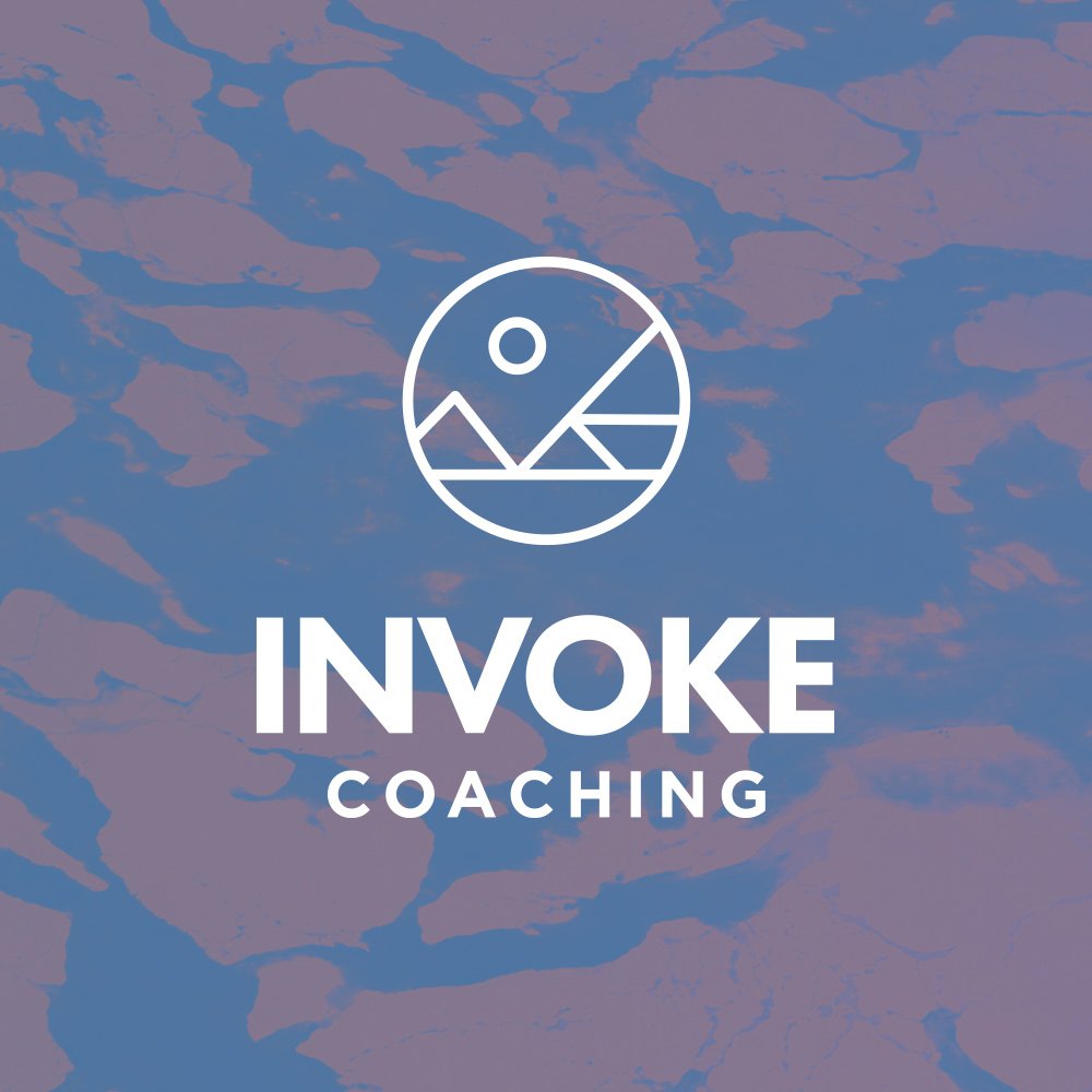 Logo for Invoke Coaching with a mountain, sun, and water design, with the words "Invoke Coaching" underneath, set against a pastel-colored sky background.