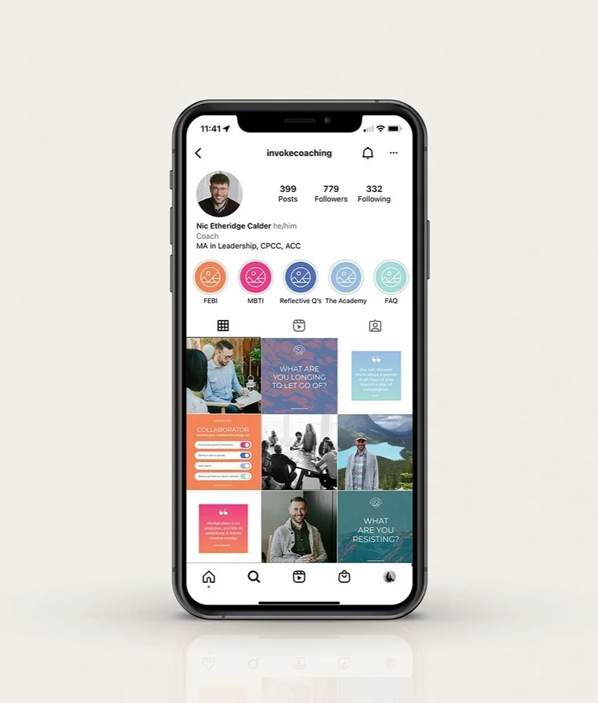 An iPhone displaying an Instagram profile page for @invokecoaching, featuring a profile picture of a smiling man with glasses, bio info, and several posts including images and quote graphics.
