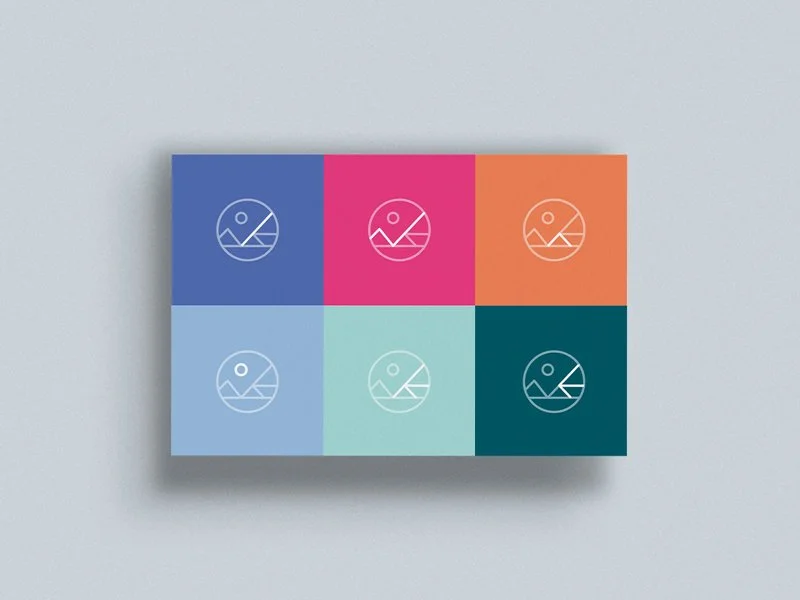 Six color blocks, each with a minimalist circular mountain and sun icon, arranged in two rows of three, with pastel tones including blue, pink, orange, light blue, mint green, and dark teal.