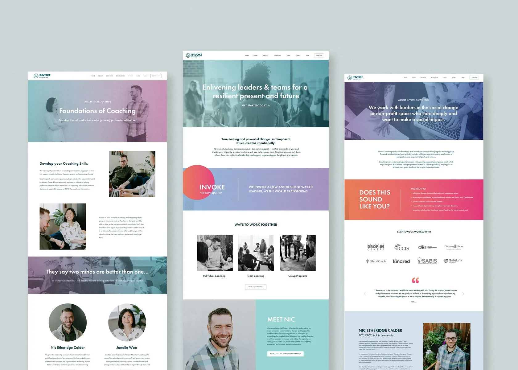 Three website homepage designs related to coaching and social change, featuring images of people, text about coaching skills, and company logos.