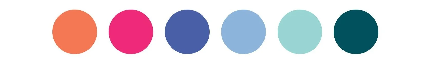 Six colored circles arranged in a row, ranging from orange to dark teal.