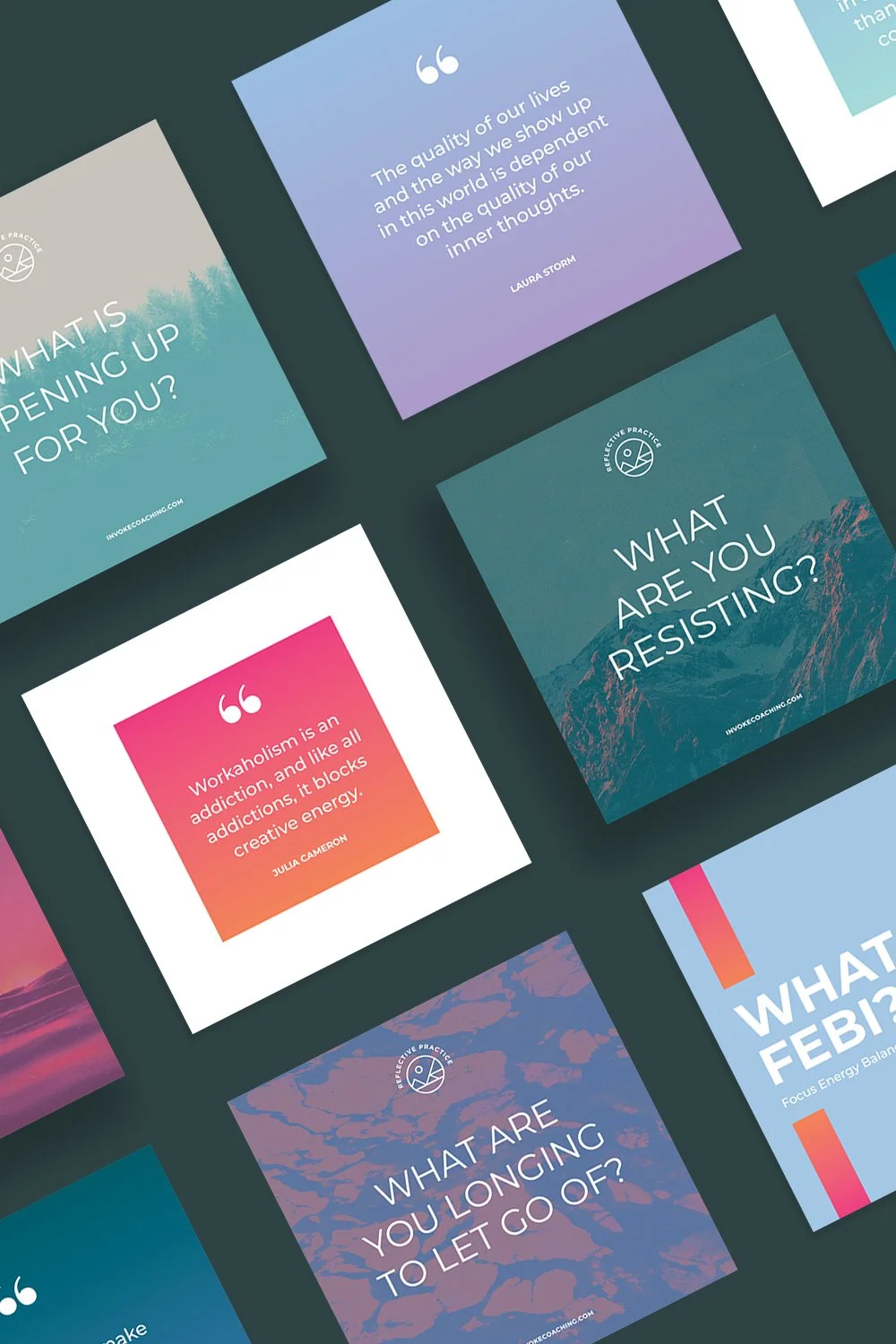 A collection of motivational and introspective cards with questions and quotes on a dark background, focusing on personal growth, resistance, and emotional awareness.