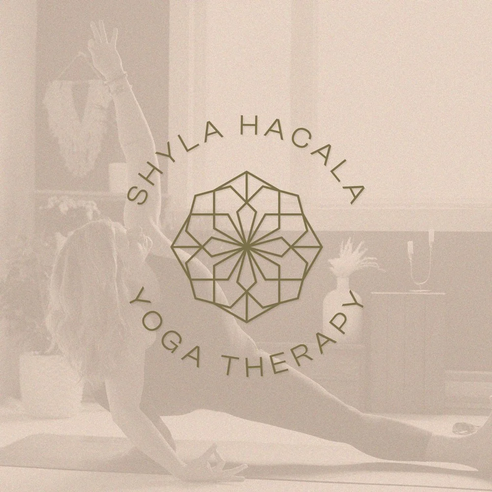 A person practicing yoga in a studio, performing a side plank pose. The studio has a decorative wall with plants and artwork. Overlaid is a logo with geometric design and the words "Shyla Hacala Yoga Therapy."