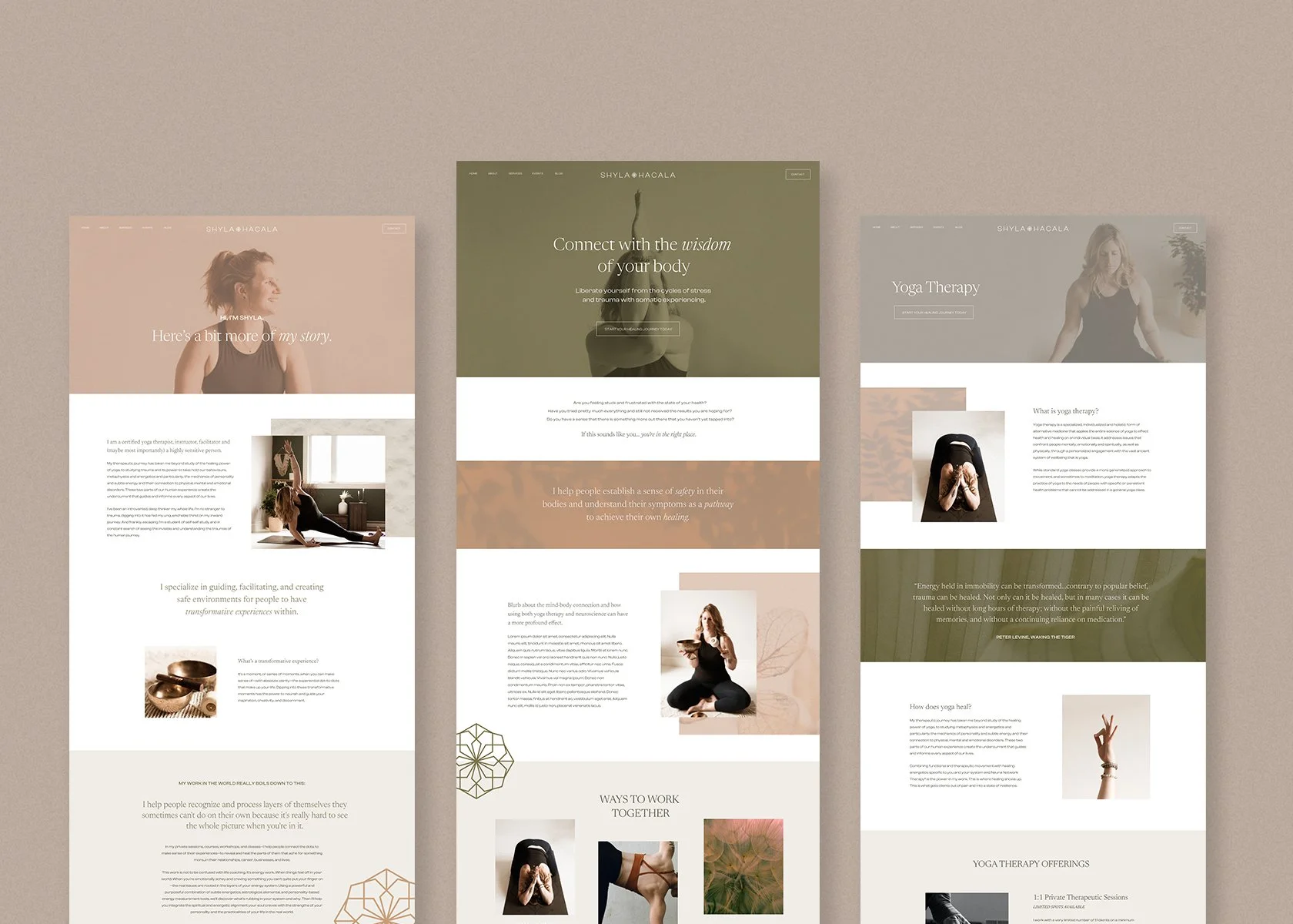 Three website screens for a yoga and wellness business with images of women practicing yoga and meditation, featuring earthy tones and minimalistic design.
