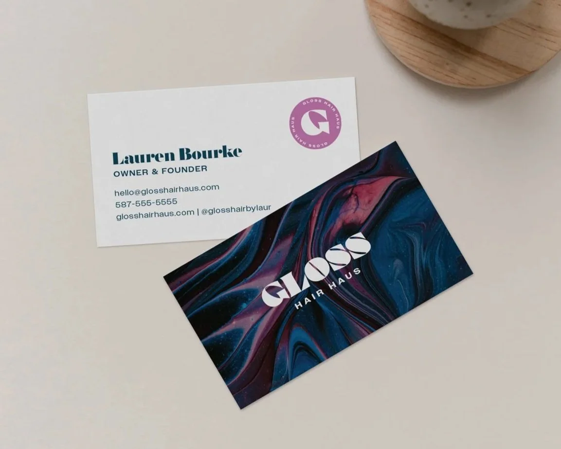 Business card for Lauren Bourke with contact information and business card for Glosh Hair Haus with colorful abstract design.