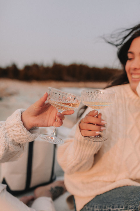 Two women clinking champagne glasses outdoors on a cloudy day, with a blurred landscape in the background, smiling and enjoying a celebration.
