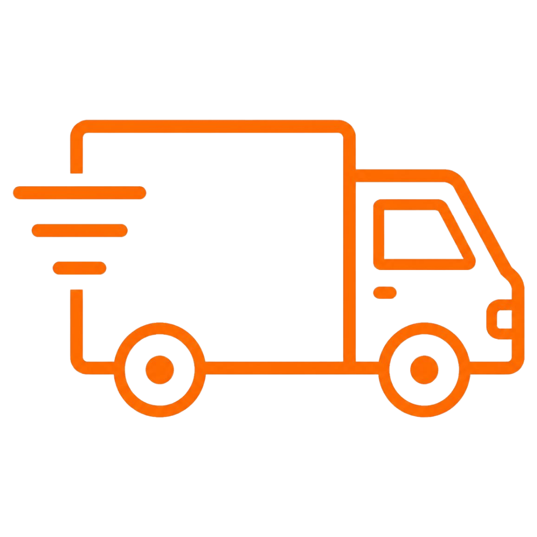 Outline of a delivery truck with motion lines indicating speed, in orange color.