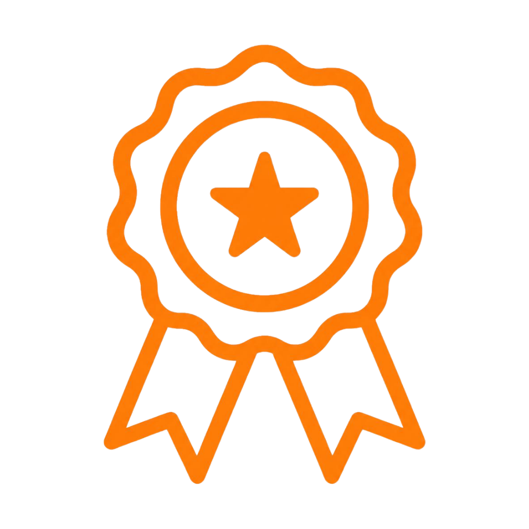 Orange glow-in-the-dark badge with a star in the center and two ribbons hanging below, on a black background.