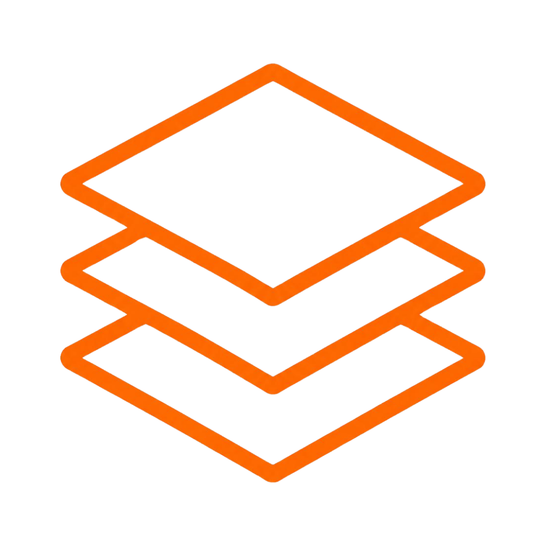 An abstract digital illustration of three stacked orange-bordered squares with blurred colorful backgrounds.