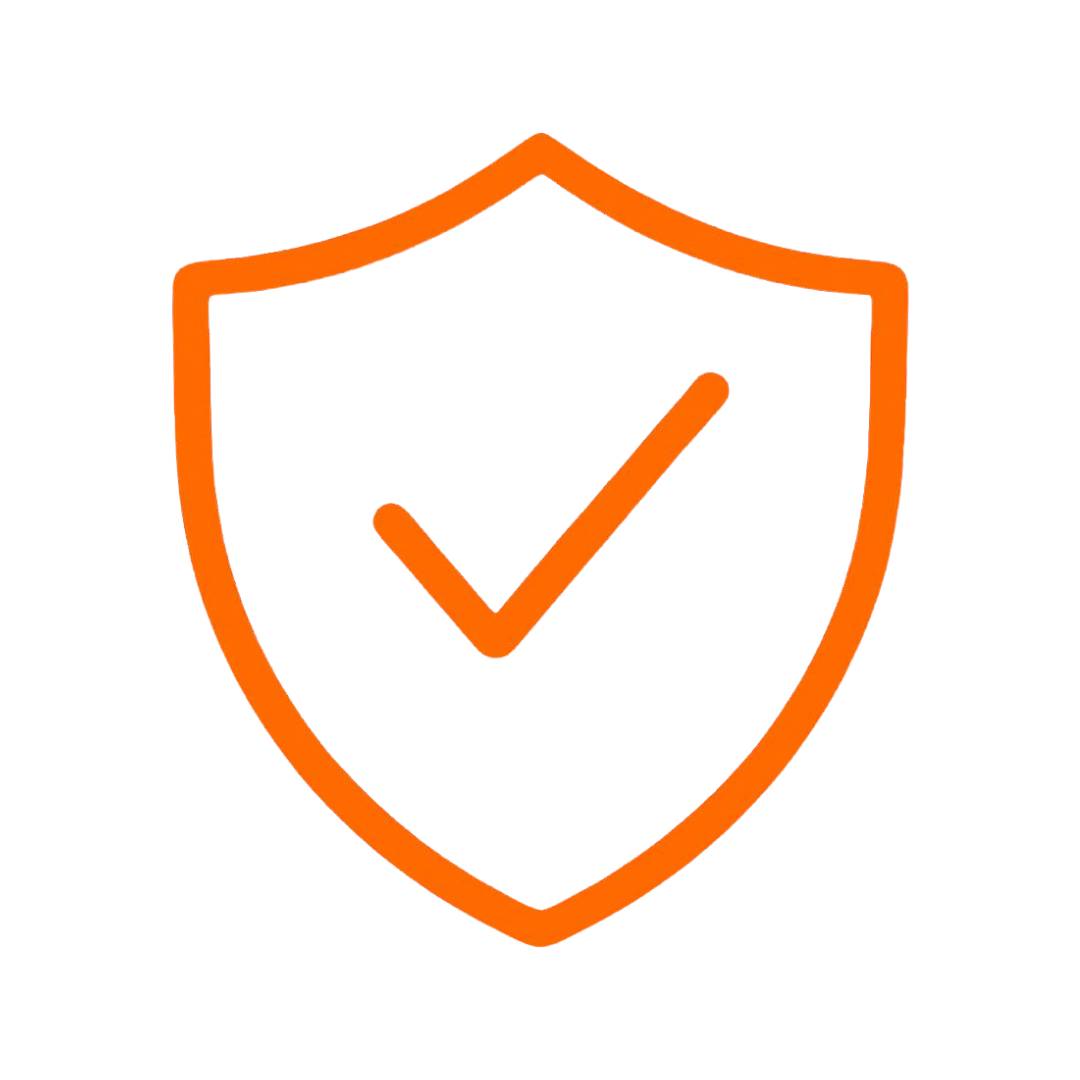 Orange outline shield with a check mark inside.