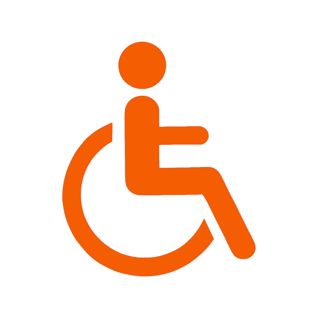 Orange wheelchair accessibility icon on a black background.