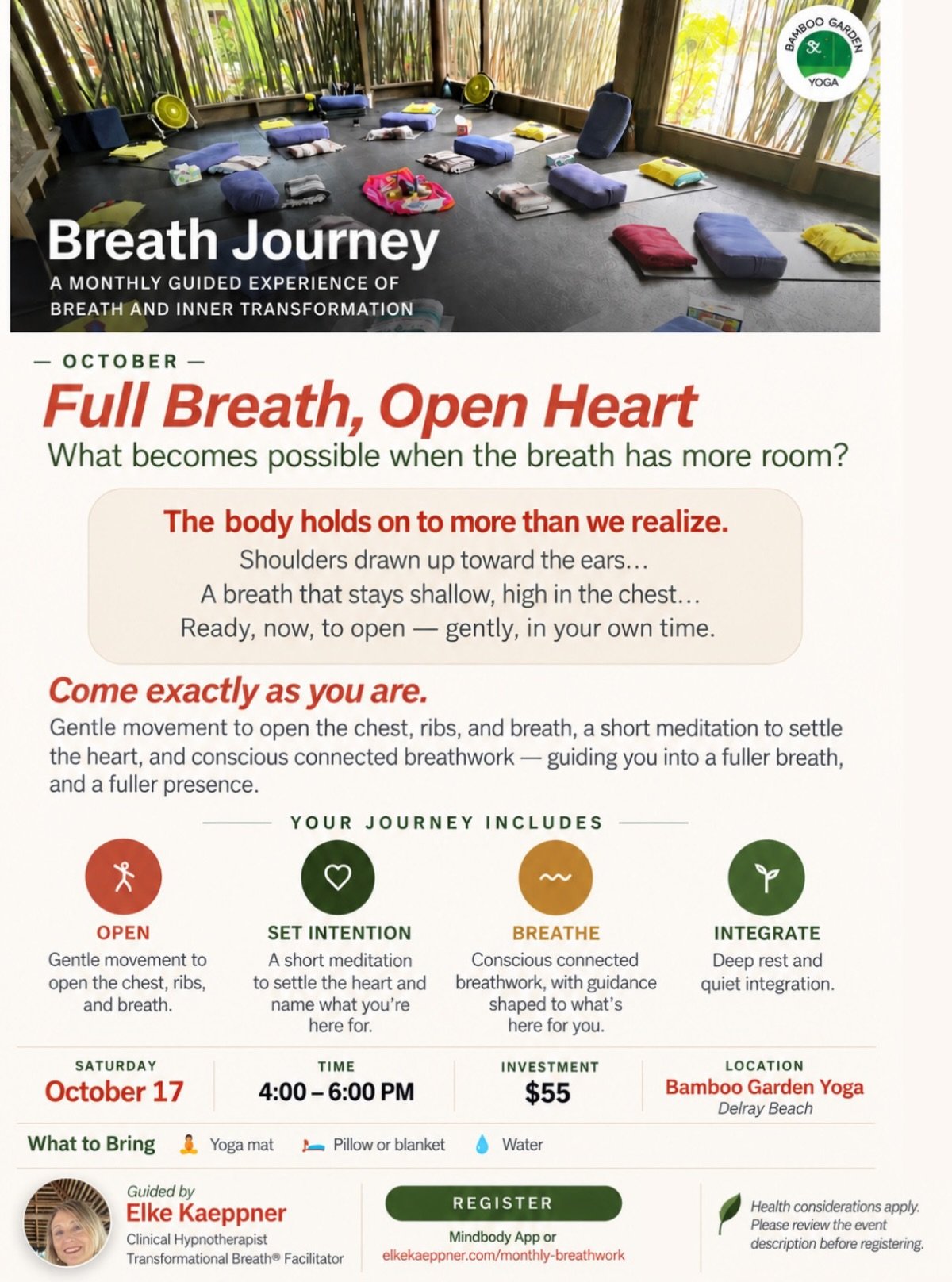 Full Breath, Open Heart ❤️

Join me for our October Breath Journey at Bamboo Garden Yoga &mdash; two hours to step away from the pace of everyday life and reconnect with yourself through breath.

We&rsquo;ll begin with gentle movement and a short med