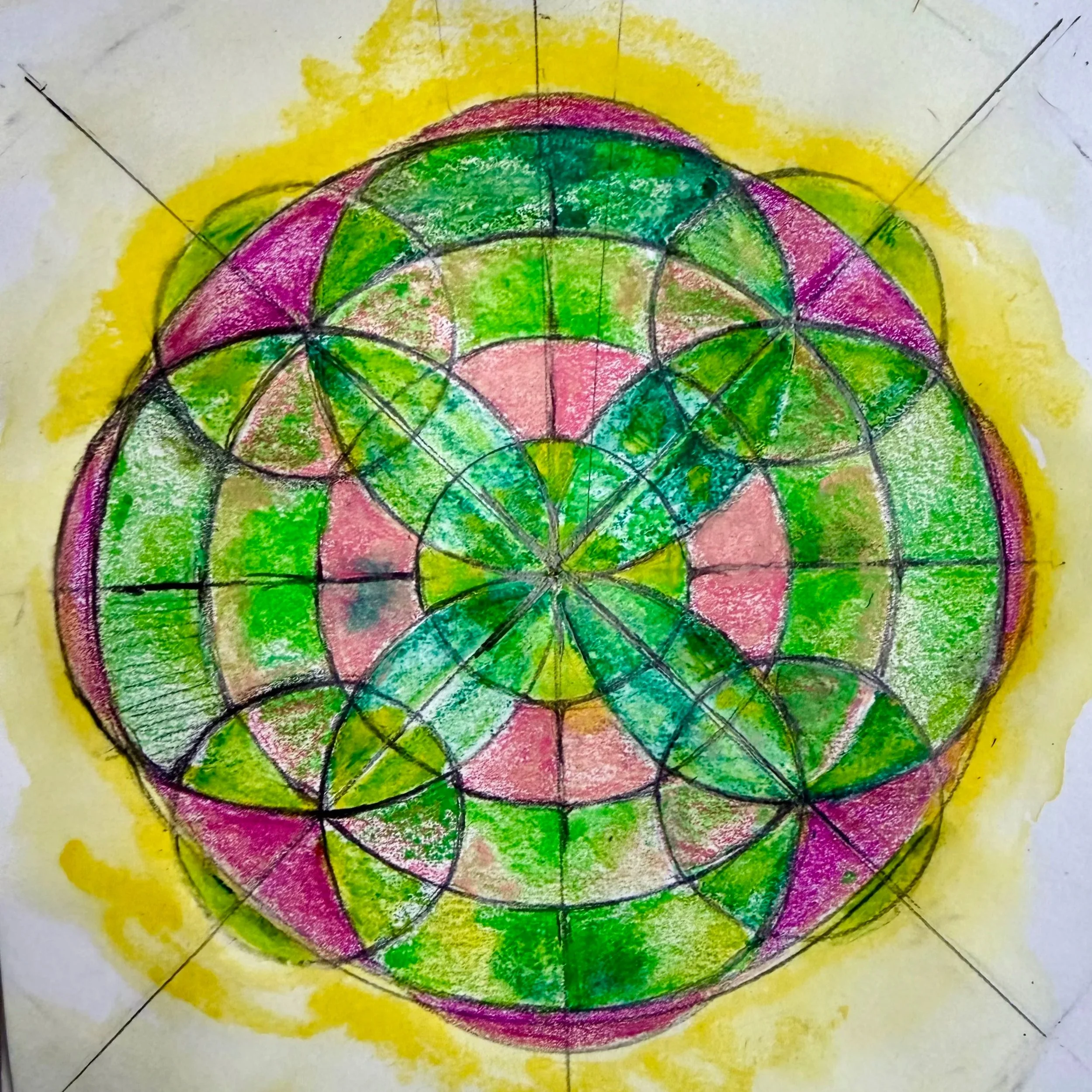 Hand-drawn circular mandala centered around a heart, created in warm earth tones with radiating lines and light.