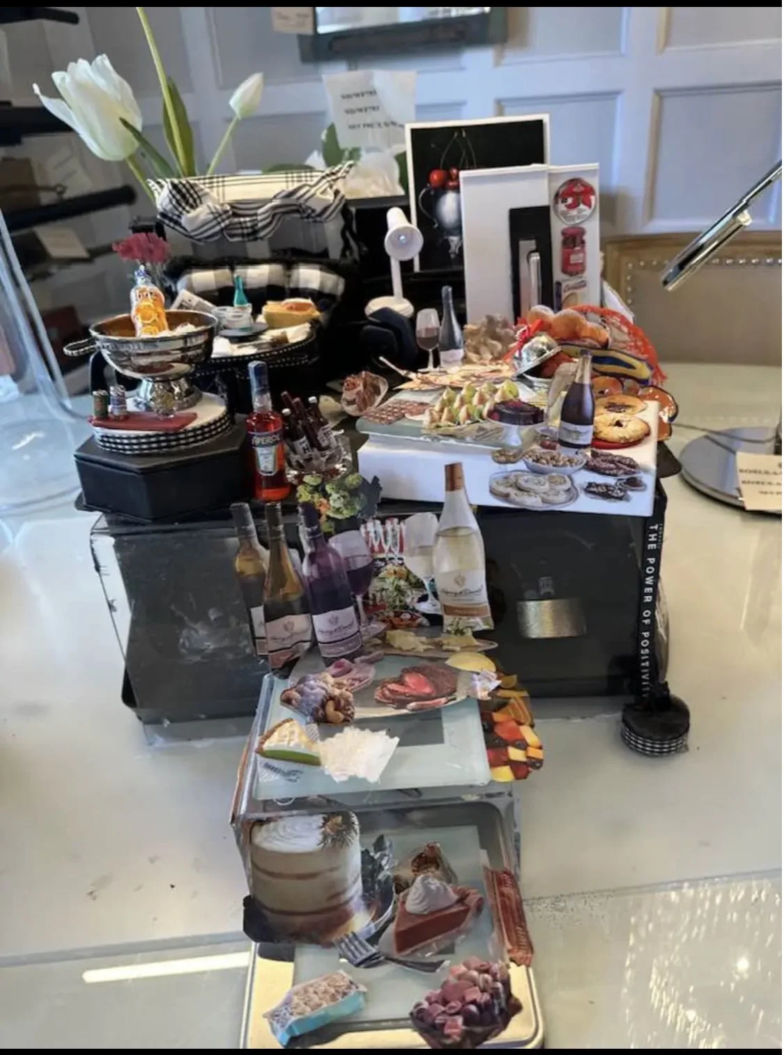 kitchen -Brunch buffet foods made from magazine cutouts, ice bucket and colander made from Christmas ornaments