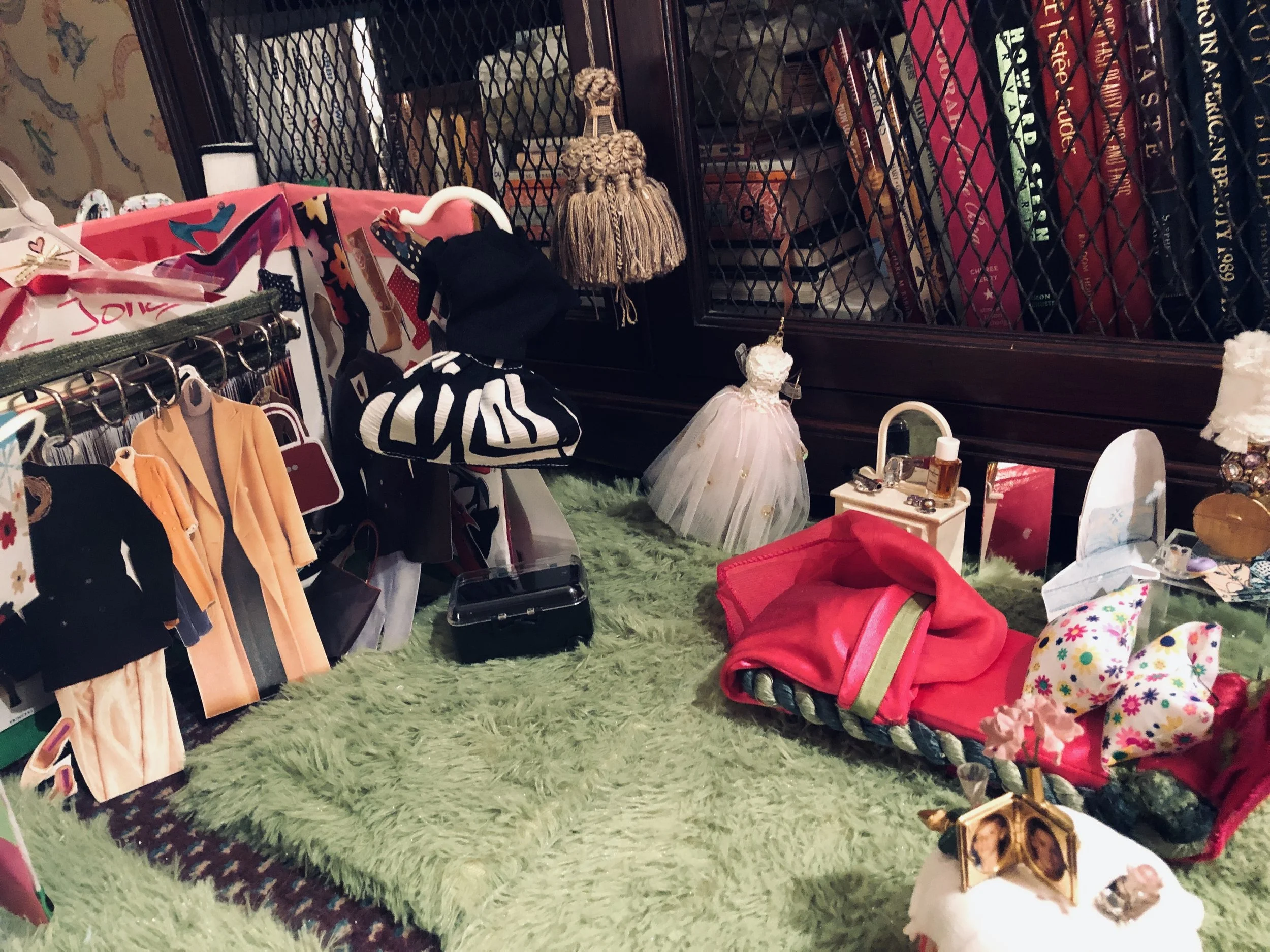 Dressing room- made doll cloths from fabric., ballerina dress Christmas ornament collection, closet made from notebook binder, .