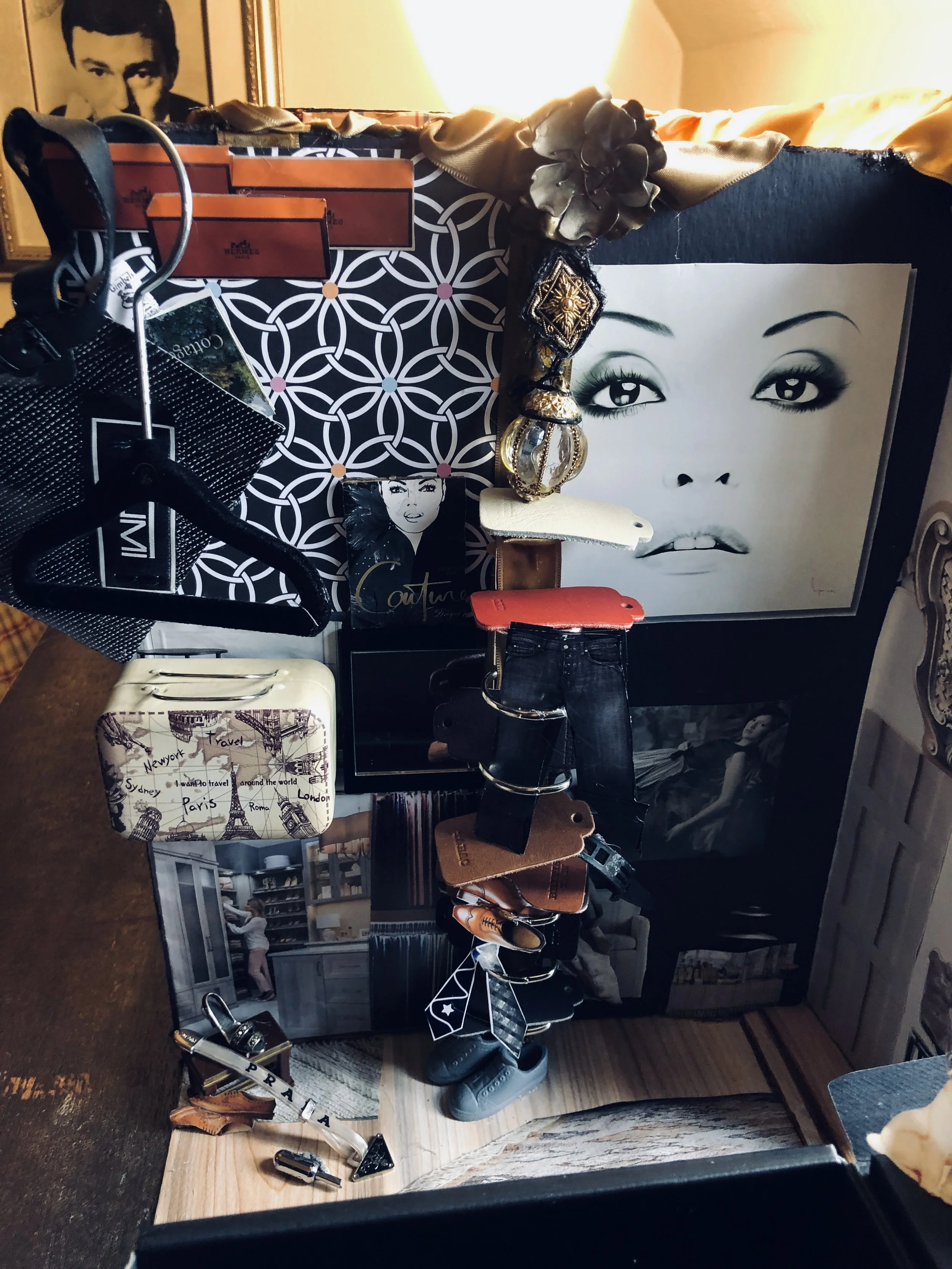 Walk in closet- inside looseleaf ring binder for shelving , face greeting card image, candy gift used mini suitcase .