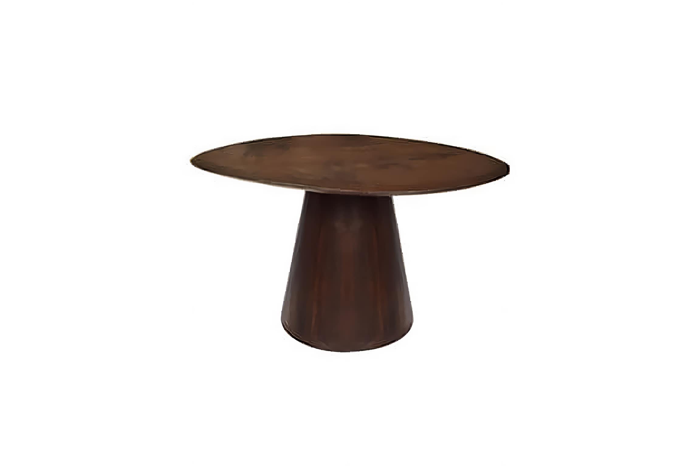 Ronde houten tafel met conisch onderstel, donkerbruin gekleurd.