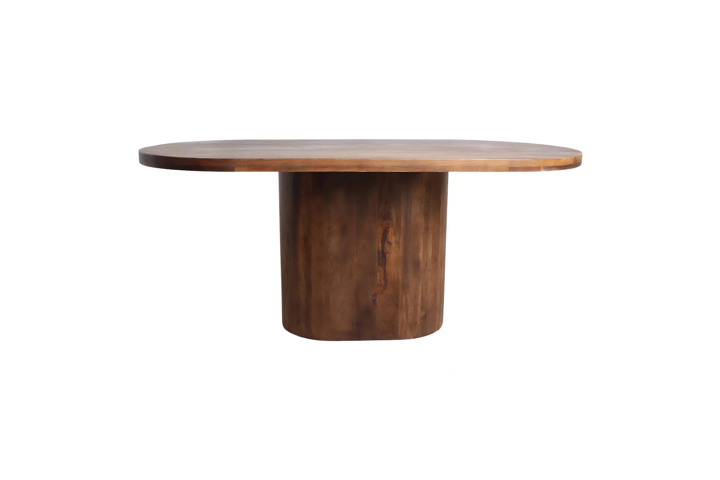 Een houten tafel met een ronde tafelblad en een zware, massieve basis.