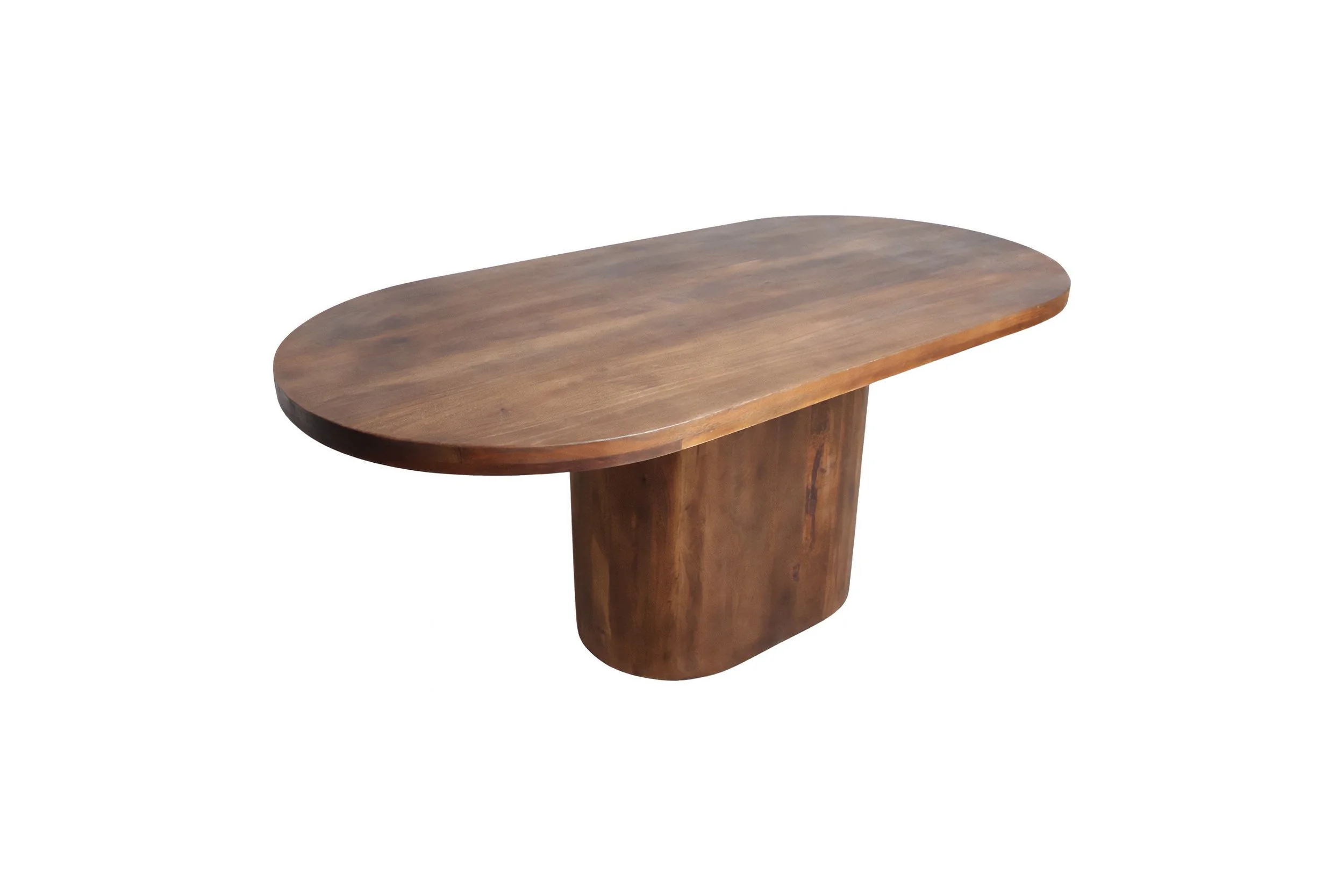 Houten tafel met een ovale bovenkant en een enkele onderstel