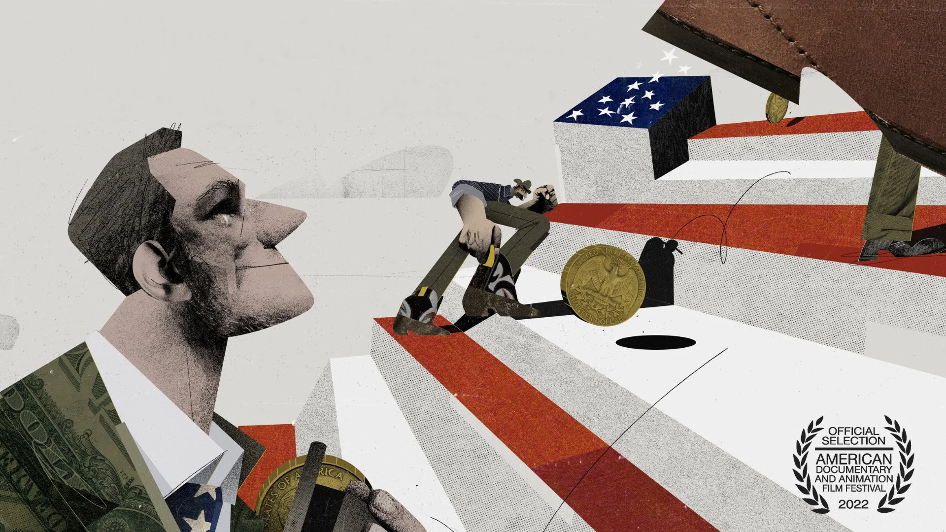 A digitally illustrated political cartoon depicting a man with dollar bills on his shoulders and a large smile, watching a robotic figure trying to fundraise with a coin in front of a stylized American flag. The scene symbolizes political corruption and influence, with an award emblem from the American Documentary and Animation Film Festival 2022 in the lower right corner.