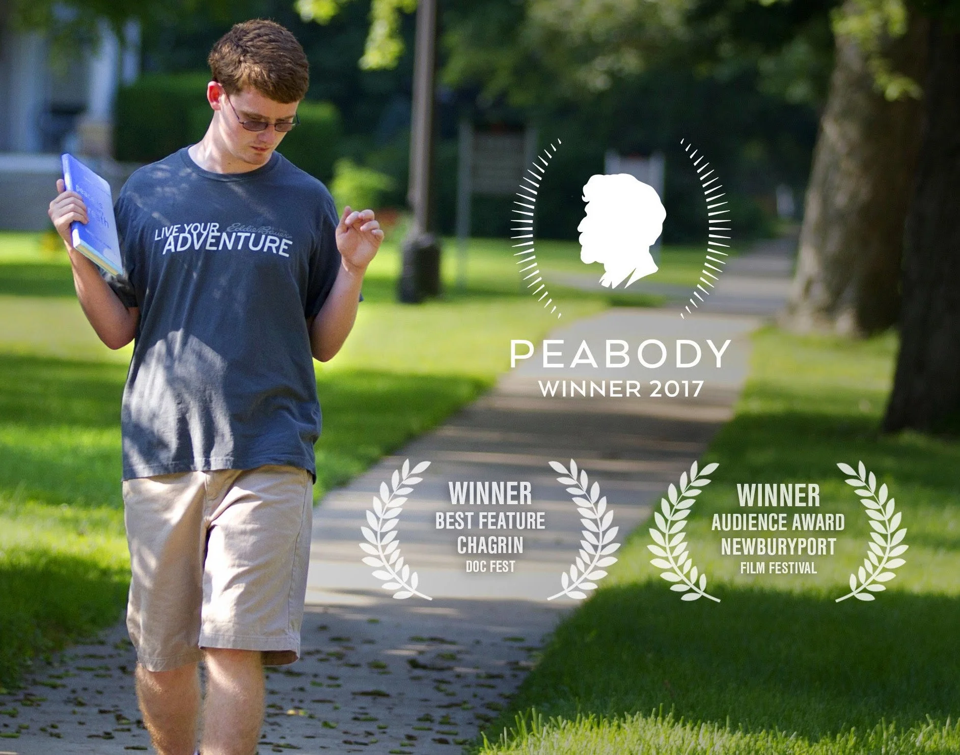 D.J. Savarese walking on a sidewalk in a park, holding books and looking down, with overlay graphics indicating awards from Peabody in 2017, including Best Feature at Chagrin Doc Fest and Audience Award at Newburyport Film Festival.