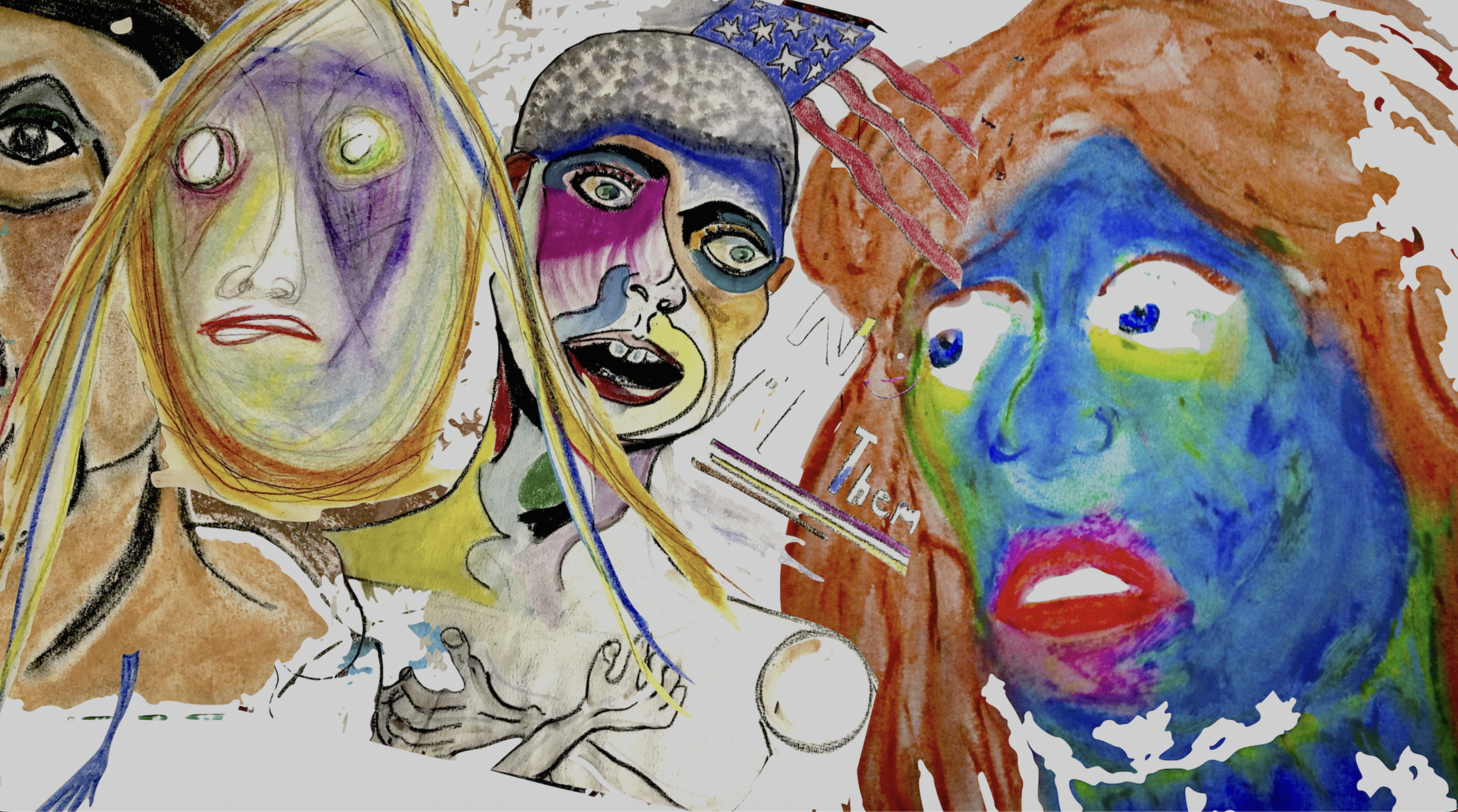 A colorful collage featuring abstract, distorted faces and figures. The central figure has a large, yellow face with purple shading and red lips, overlapping with other faces that have exaggerated features and vivid colors, including blue, green, and orange, with one wearing sunglasses.