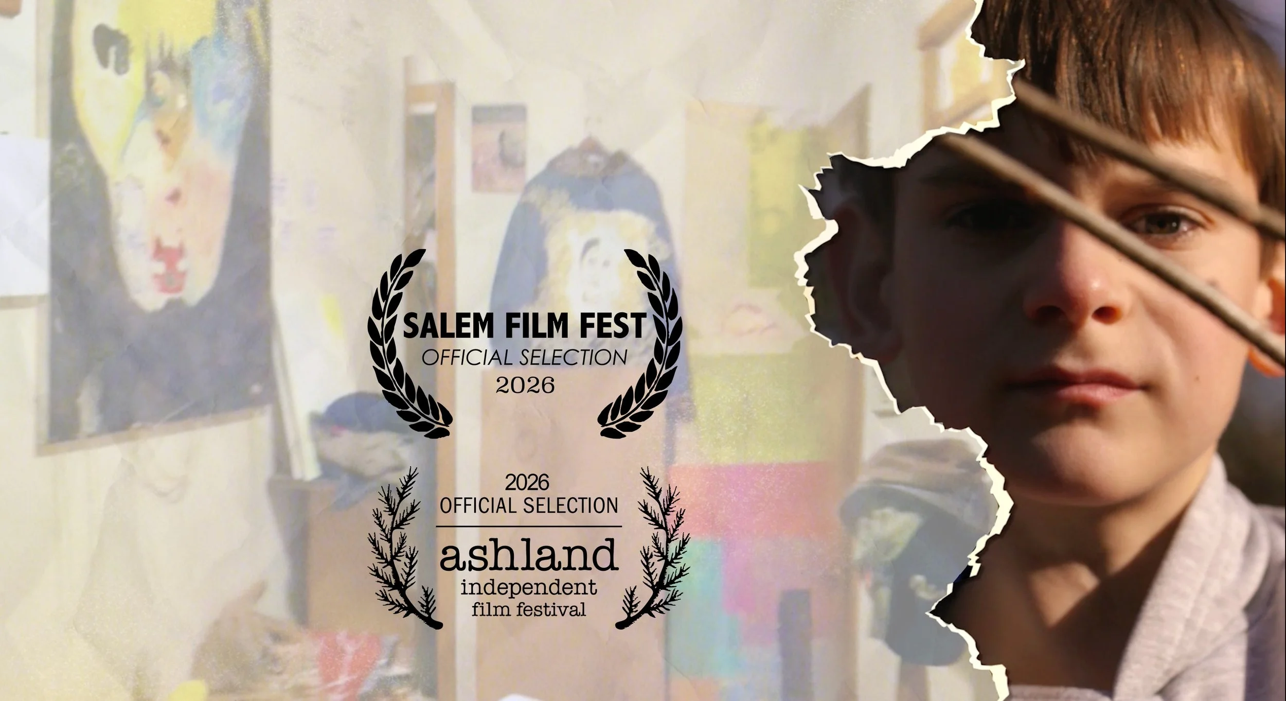 A child peering through a broken window with a serious expression, with artwork and a poster of a face on the wall in the background, and an overlay announcing the Salem Film Fest 2026 and Ashland Independent Film Festival.