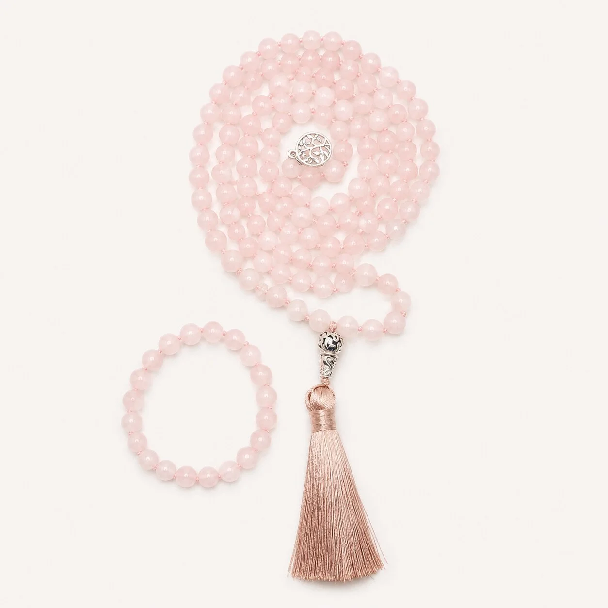 Rosenquarz Mala und Armband Set 'Premdeep'