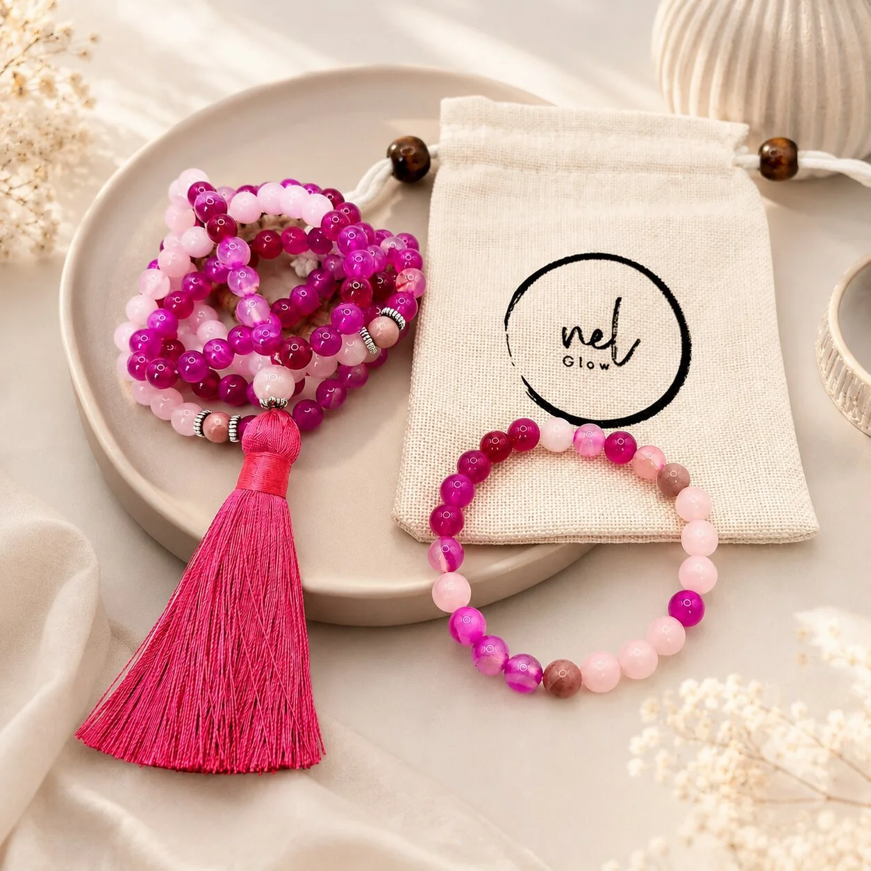 Rosenquarz Mala und Armband Set - Anahita