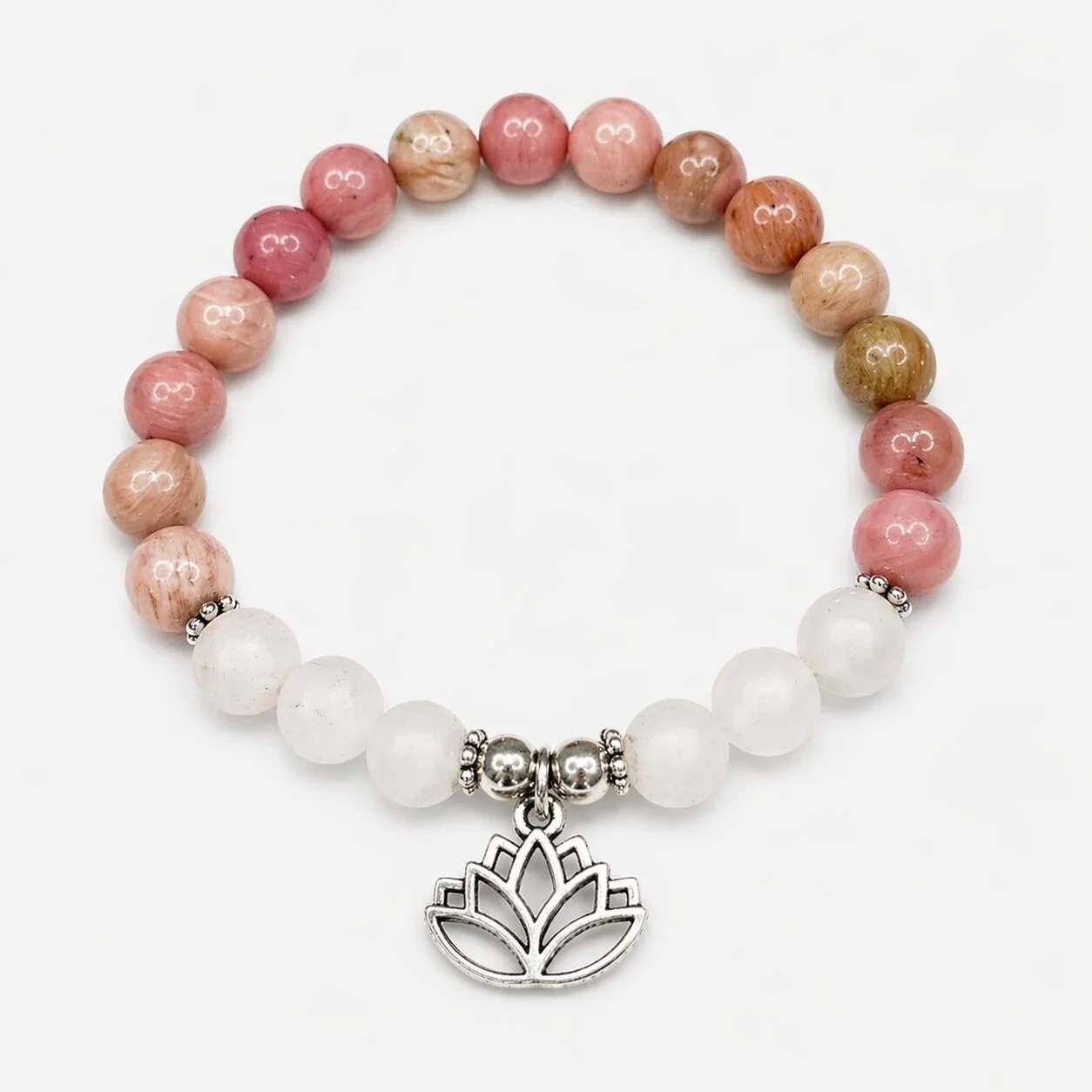 Compassion Rose Quartz bracelet with Rose Quartz, Rhodonite and a silver-plated lotus charm.