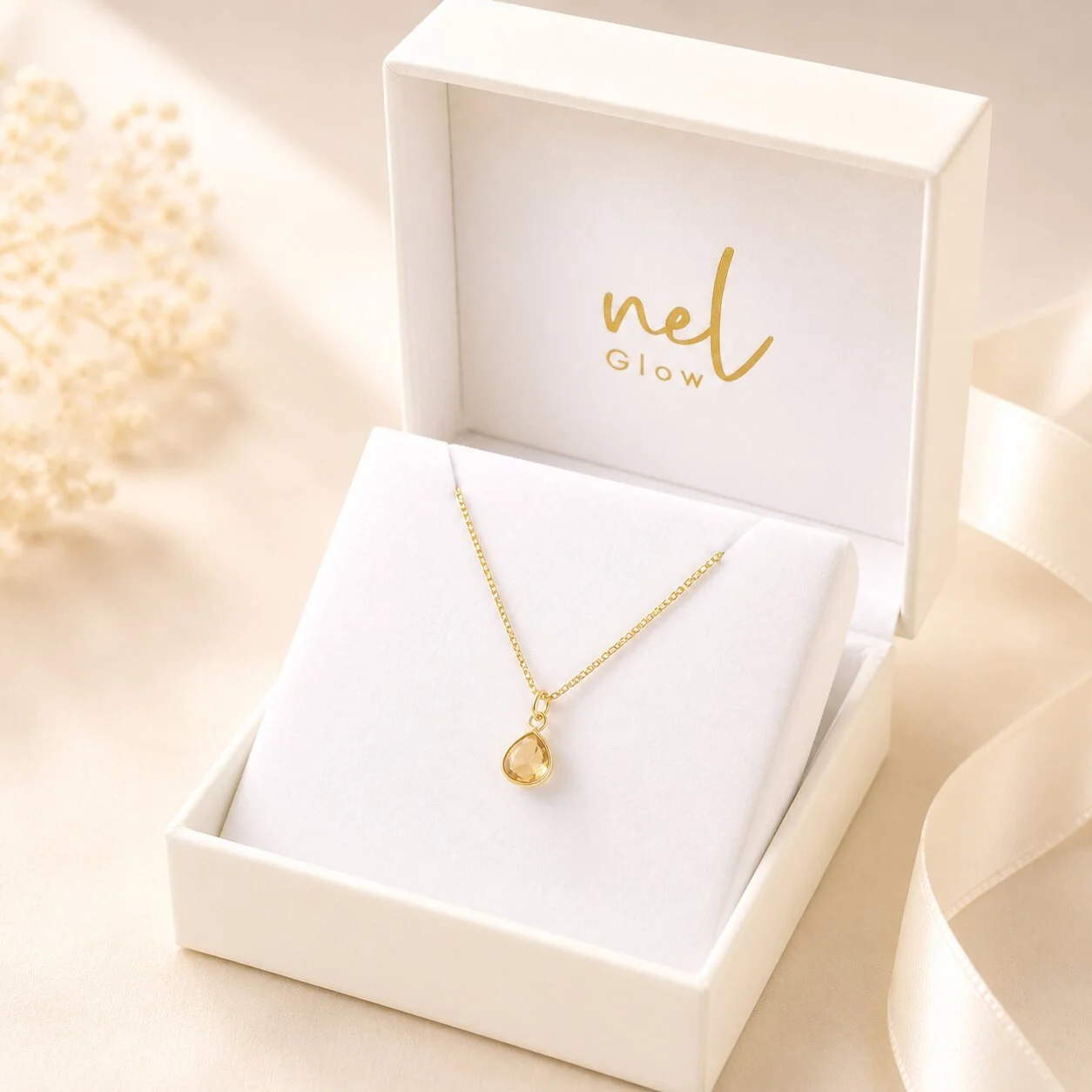 Feine Citrin Kette elegant auf hellem Hintergrund