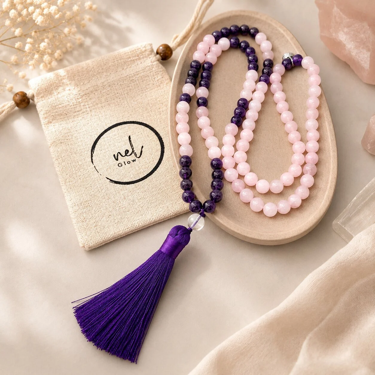 Handgefertigte Amethyst Mala Kette mit Rosenquarz für emotionale Heilung