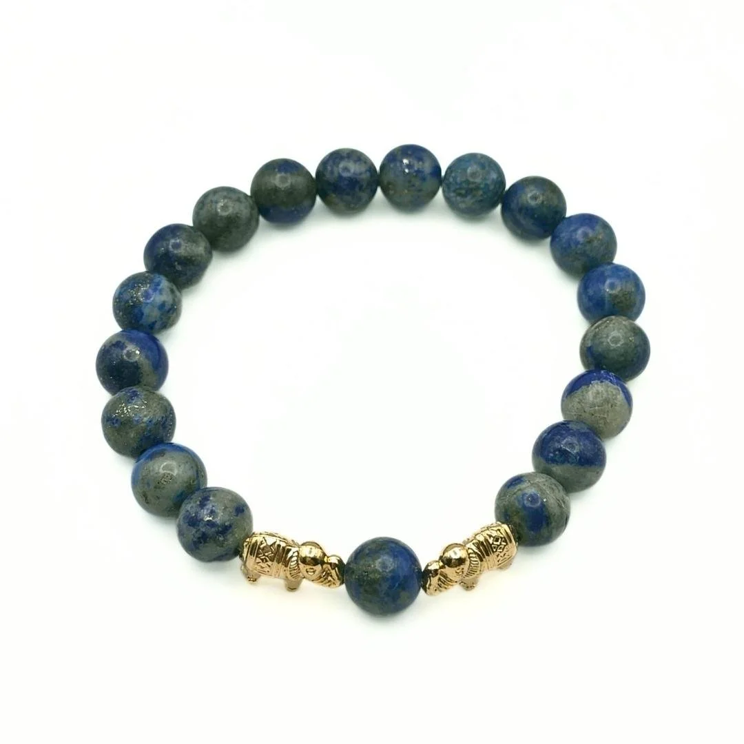Lapislazuli Armband Celeste mit 18k vergoldetem Elefanten-Anhänger, 8 mm Perlen