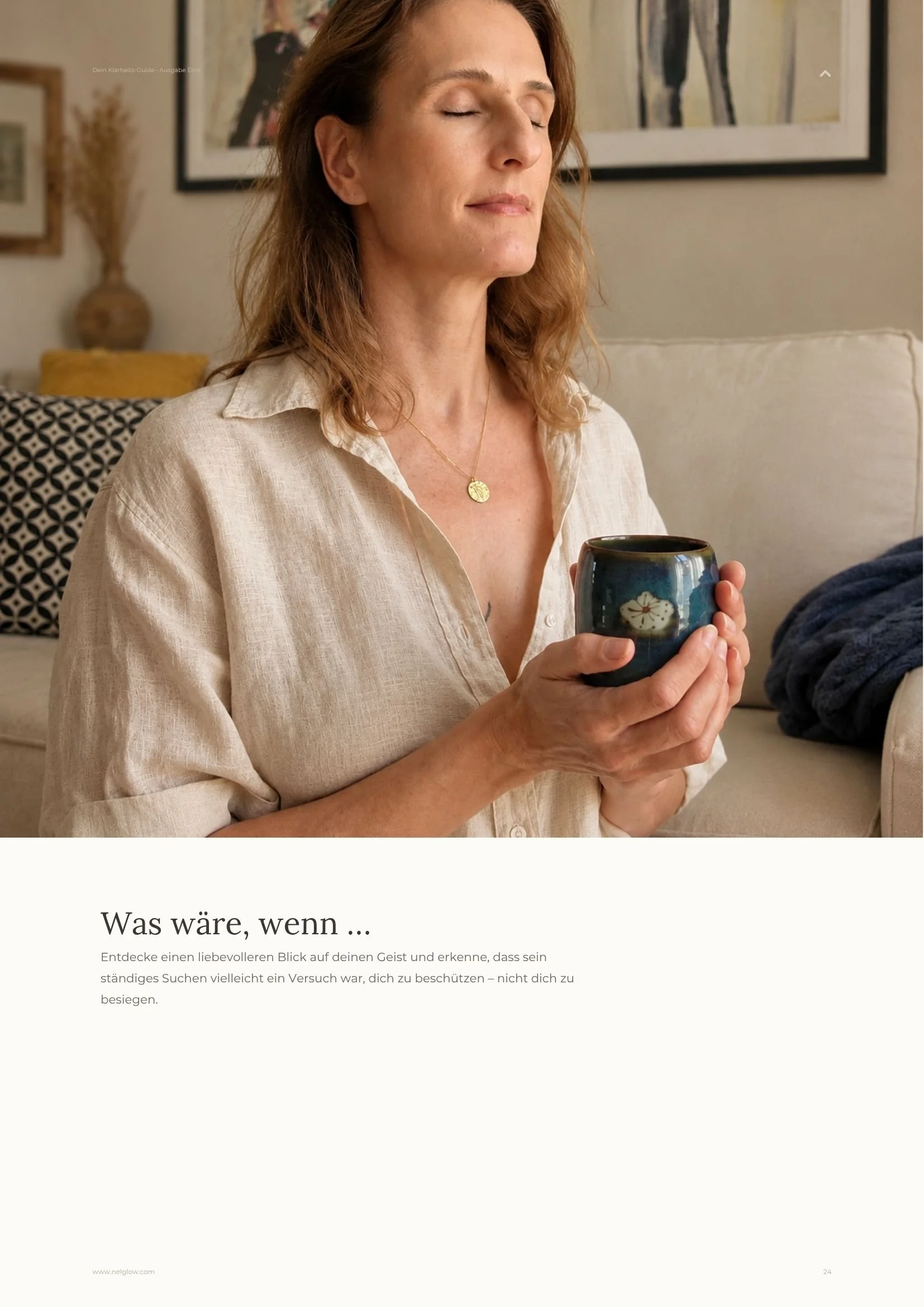 Vorschau des nelGlow Klarheits-Guides mit hochwertiger Typografie, Journaling und ruhigem Editorial-Layout.