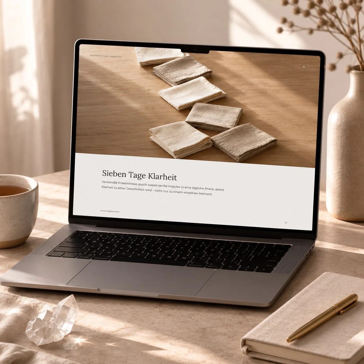 Der nelGlow Klarheits-Guide auf einem Laptop in einem minimalistischen Arbeitsplatz – hochwertiger Digital-Guide für Klarheit, Selbstreflexion und Journaling.