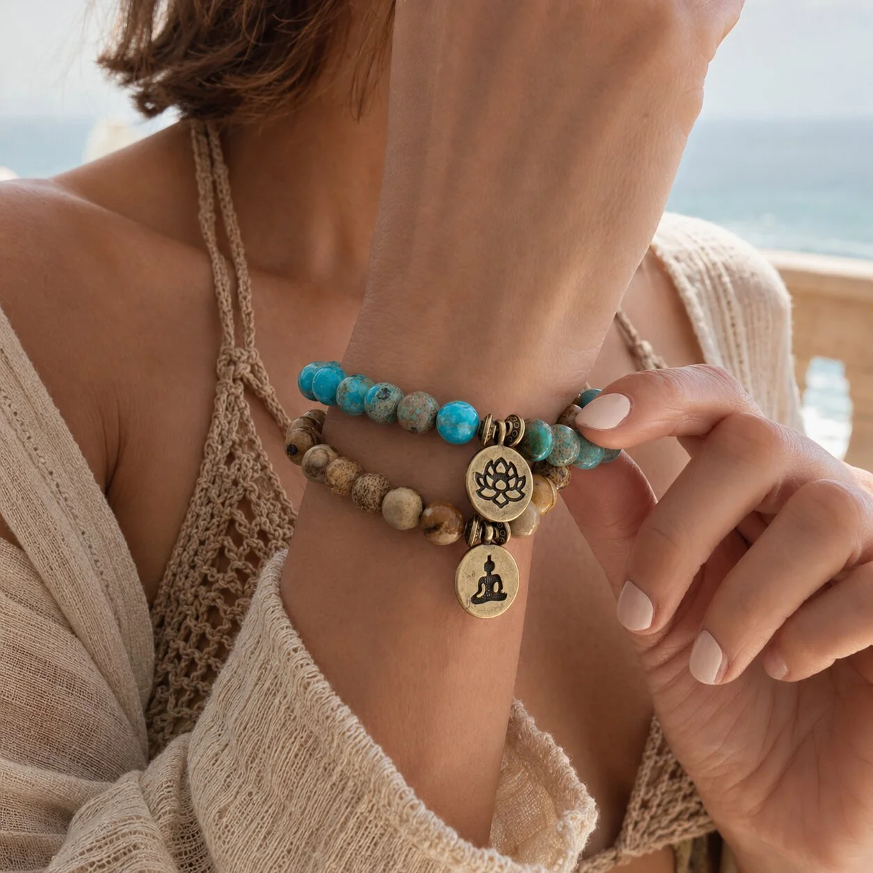 Bilderjaspis und Meeressediment-Jaspis – Boho Partnerarmbänder