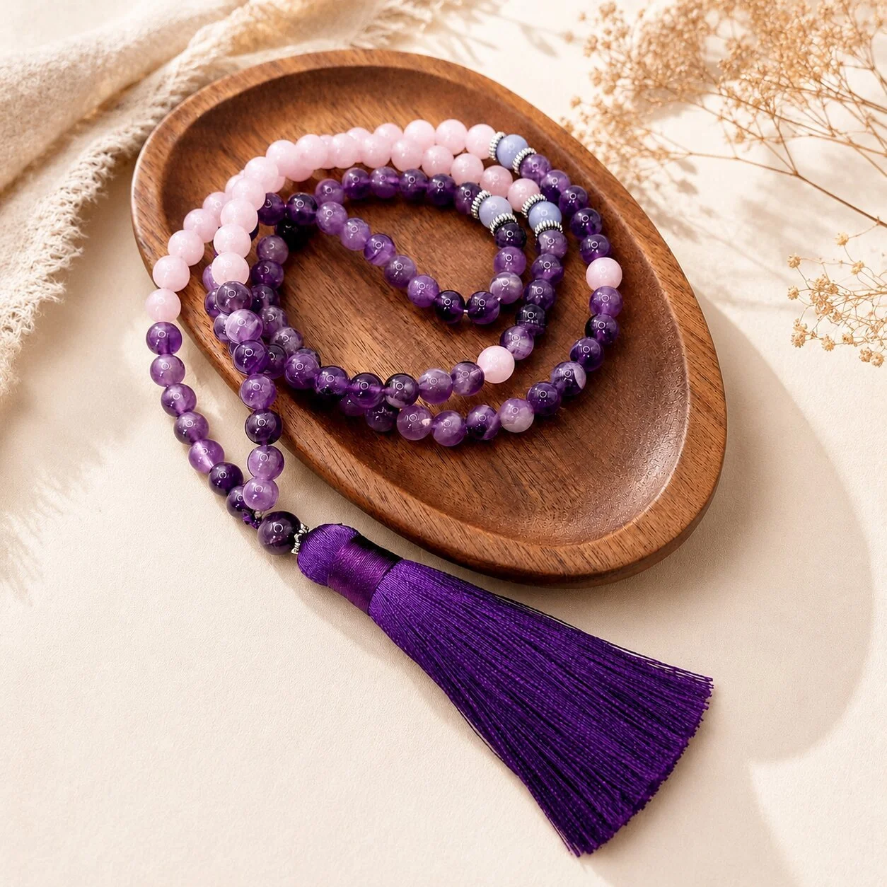 Amethyst Mala Shanti Kette mit Rosenquarz und Aquamarin für Balance und Frieden