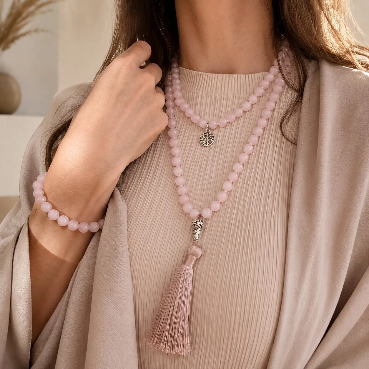 Rosenquarz Mala und Armband Set -  Premdeep