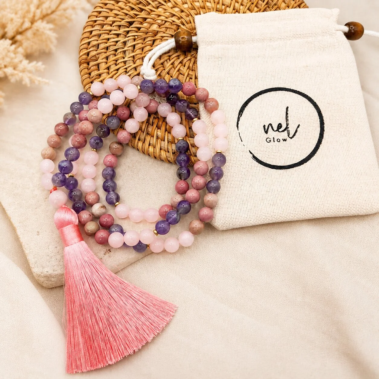 Echte Amethyst Mala - Amara mit Rhodolith und Rosenquarz für inneren Frieden