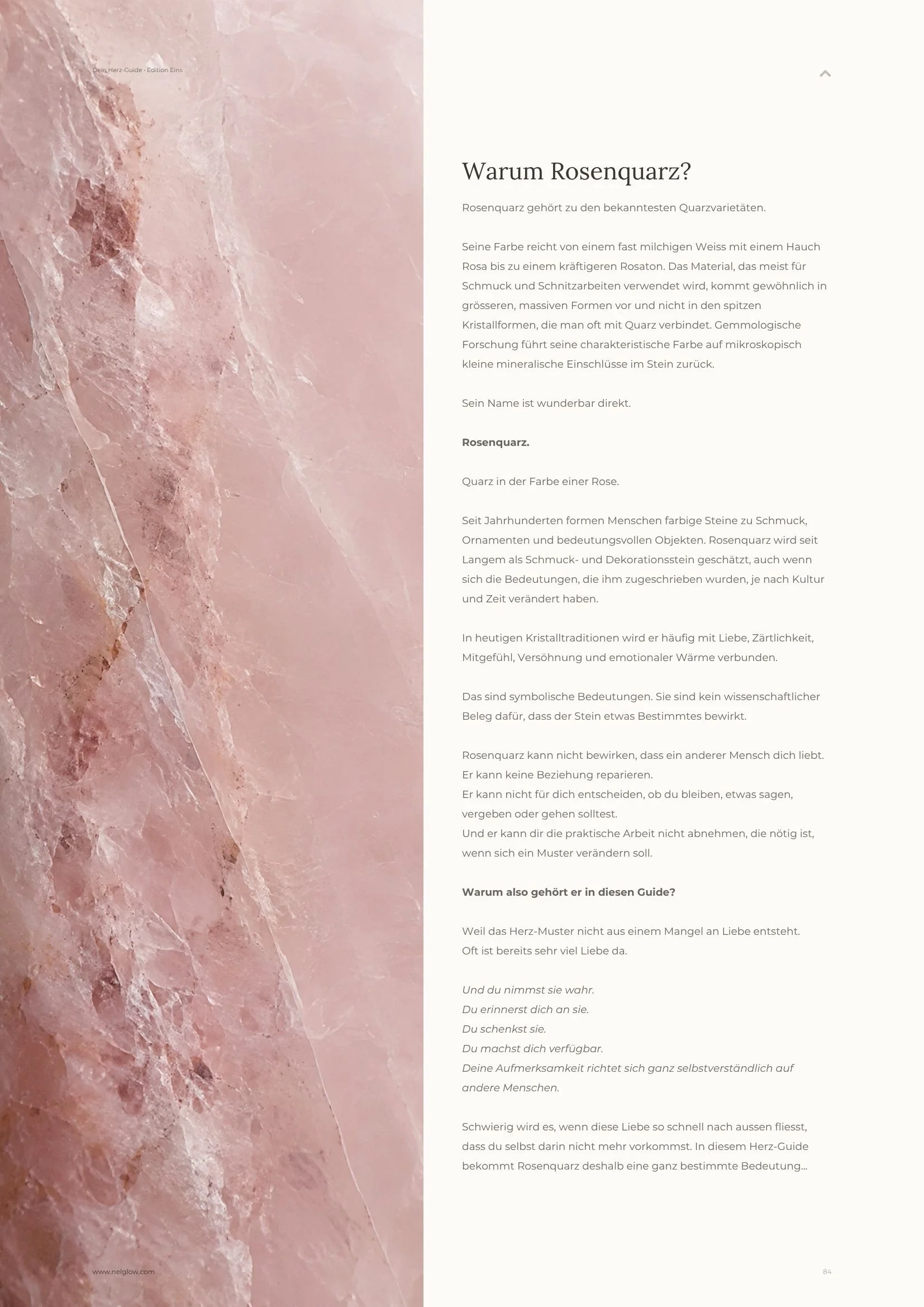 Seite „Warum Rosenquarz?“ aus dem nelGlow Herz-Guide mit Rosenquarz-Fotografie und einer bodenständigen Reflexion über seine Bedeutung.