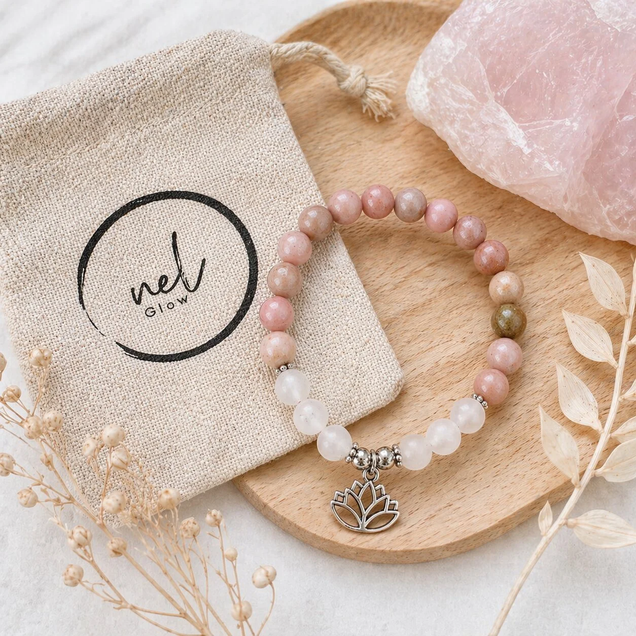 Rose Quartz and Rhodonite bracelet Compassion, created as a subtle reminder to pause in everyday life.