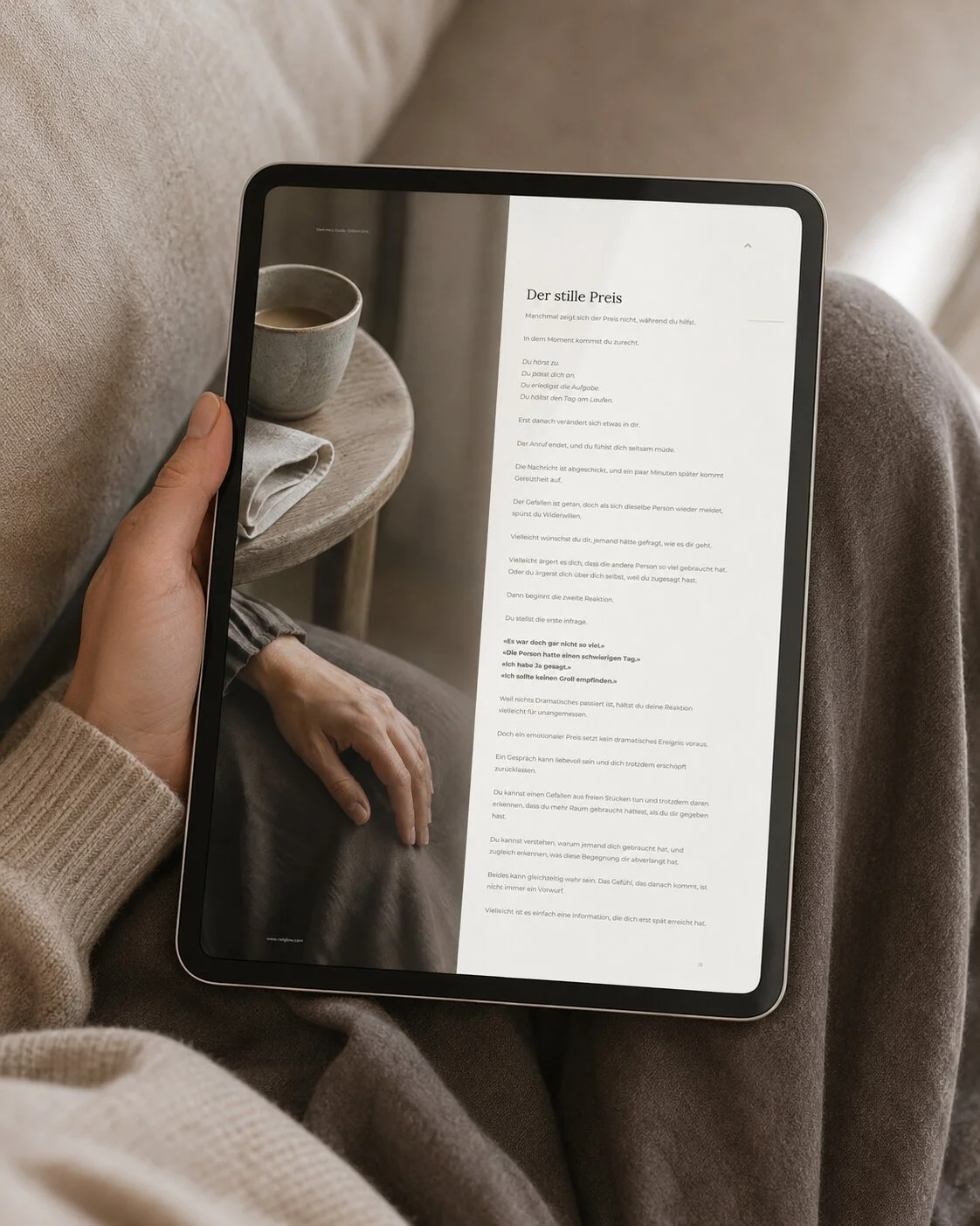 nelGlow Herz-Guide auf einem Tablet mit der Seite „Der stille Preis“, Editorial-Fotografie und Reflexionstext.