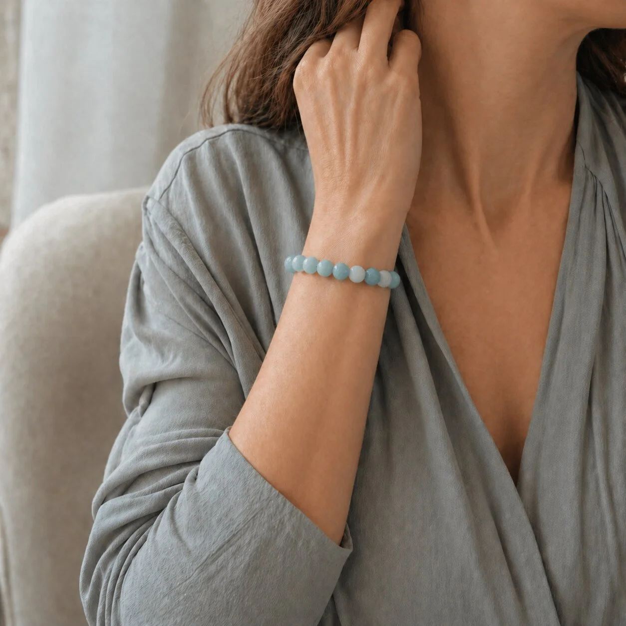 ‘Inner Truth’ ist ein Amazonit-Armband mit 8-mm-Perlen in beruhigendem Blaugrün.