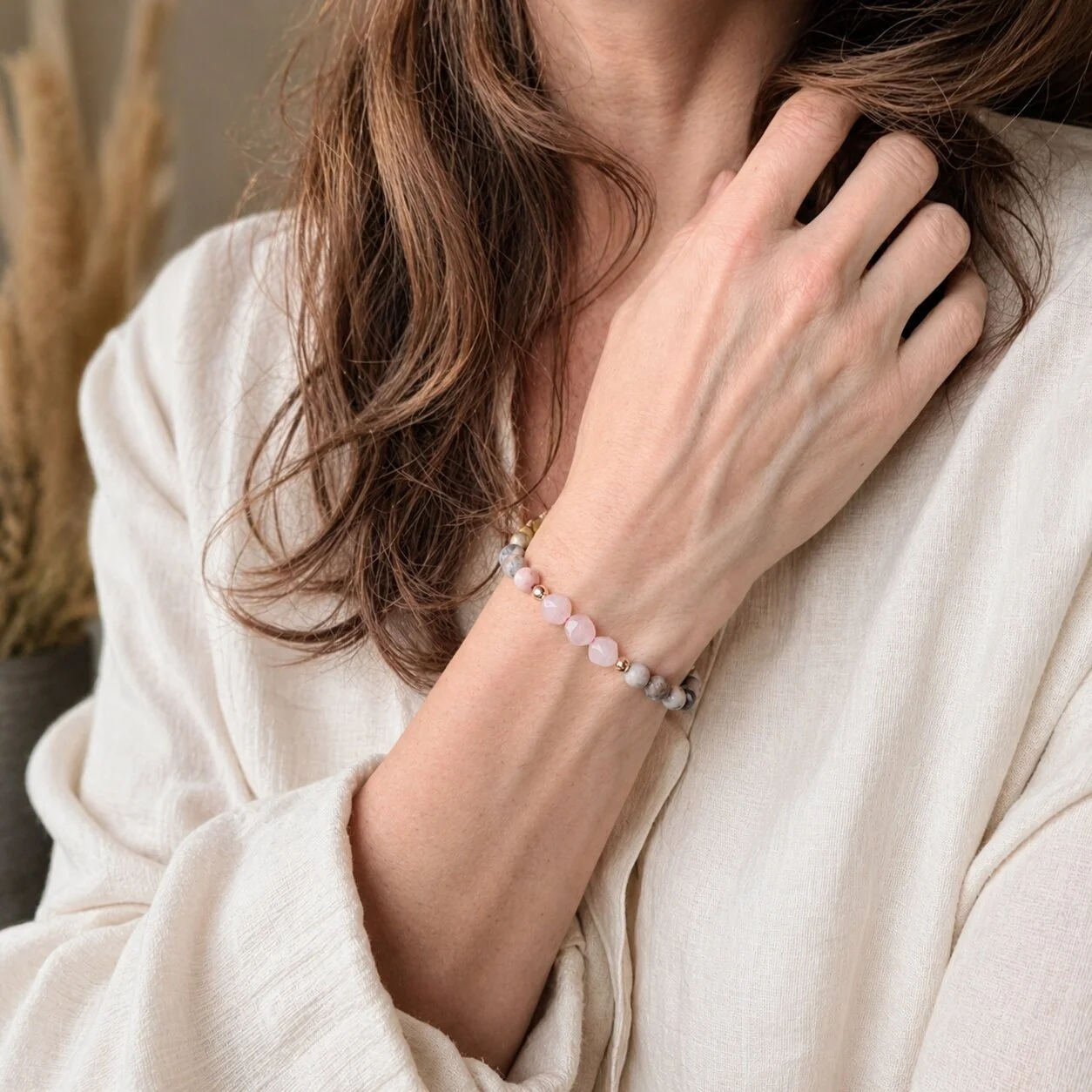 Serenity Rose Quartz bracelet with faceted Rose Quartz, Pink Zebra Jasper and metallic details.