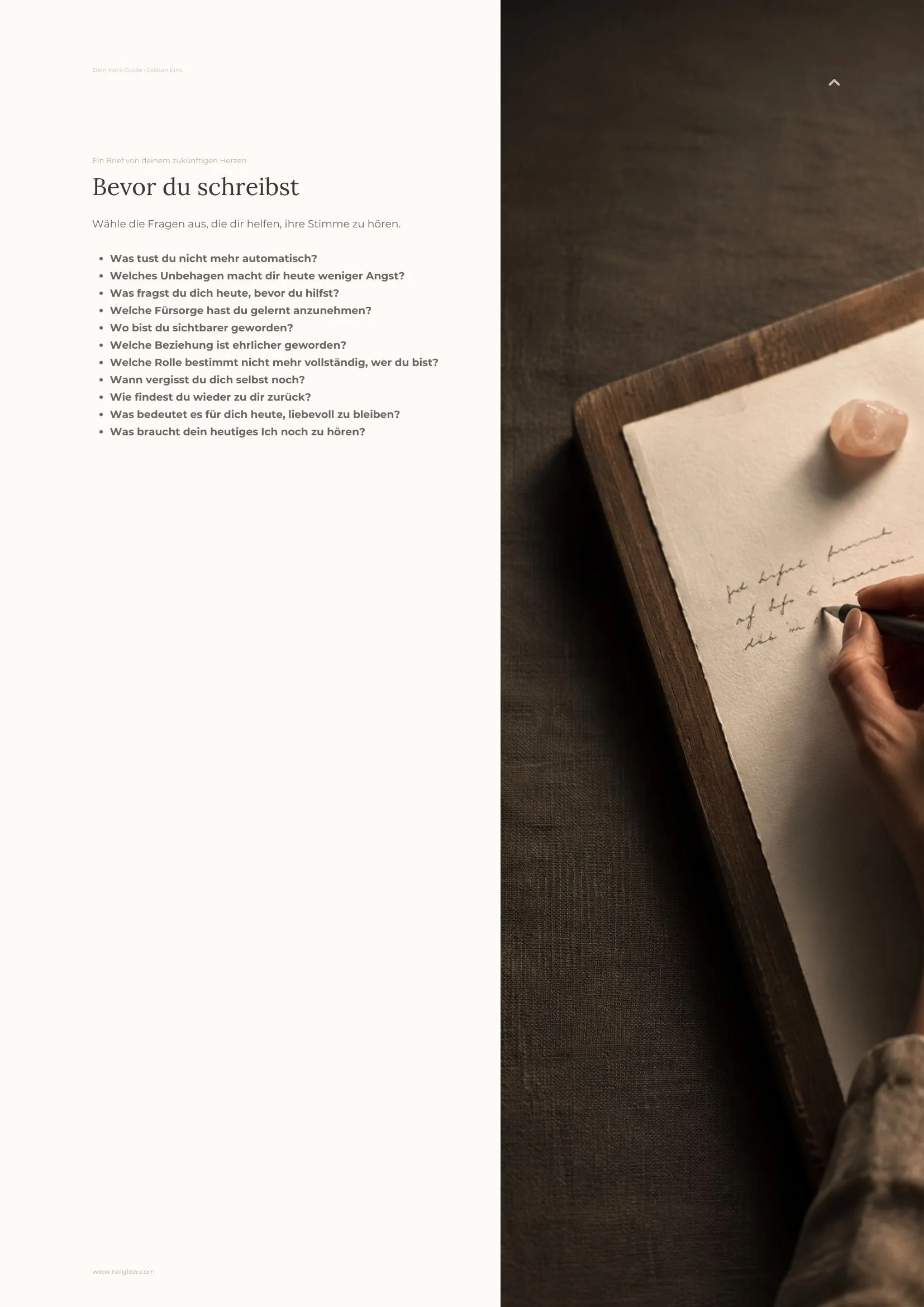 Reflexionsseite „Bevor du schreibst“ aus dem nelGlow Herz-Guide als Vorbereitung auf den Brief an dein zukünftiges Herz.