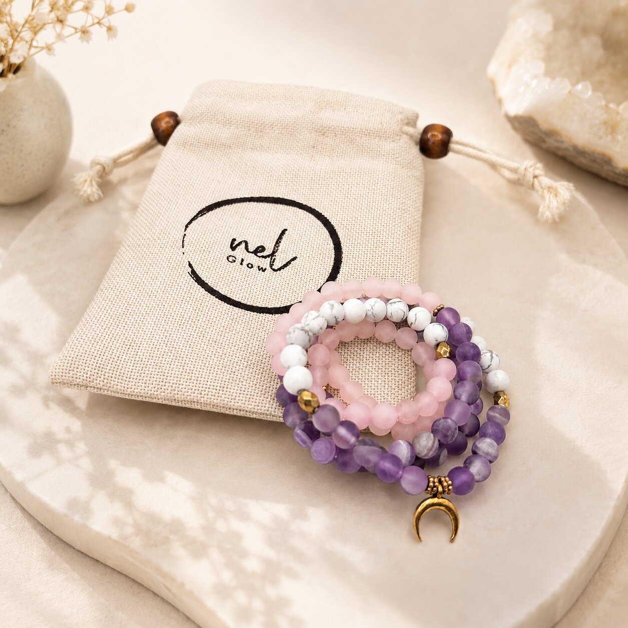 Beruhigende Mala Kette aus Amethyst, Rosenquarz und Howlith für innere Balance
