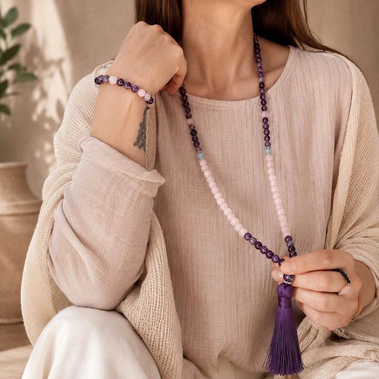Spirituelle Amethyst Mala Kette Shanti, ideal für Meditation und tägliche Praxis