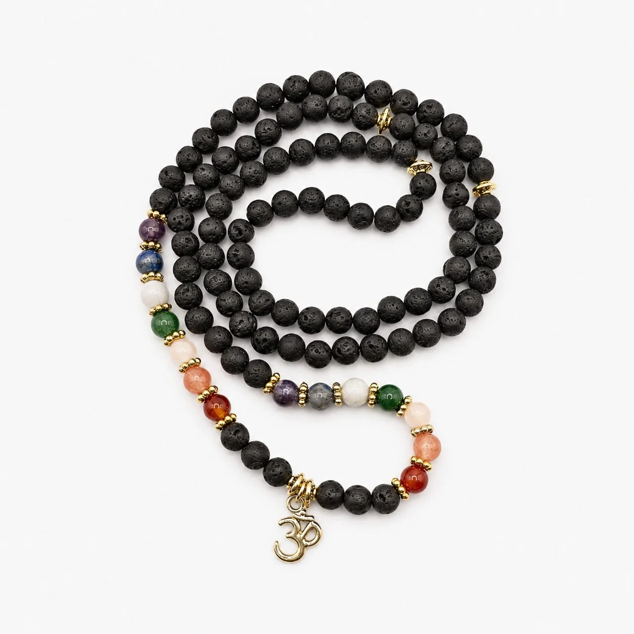 Chakra Mala Rooted aus Lavastein und bunter Jade – 108 Perlen, 6 mm, als Kette drapiert